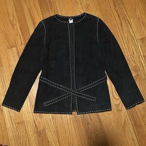 Vintage Philippe Adec Genuine Leather Blazer Jacket Size 6 Black And White Stich